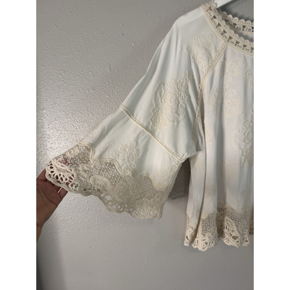 Democracy Embroidered Rayon Boho Peasant Top Crochet Lace Bell Sleeve L - Picture 4 of 10